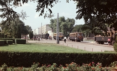 Magyarország, Nyíregyháza, Állomás tér, villamos és keskeny-nyomtávú vasút végállomás a vasútállomás előtt., 1968, Építésügyi Dokumentációs és Információs Központ, VÁTI, színes, villamos, pályaudvar, kisvasút, Nyírvidéki Kisvasút-szervezet, Fortepan #31114