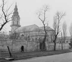 Magyarország, Kiskunfélegyháza, Petőfi utca, Sarlós Boldogasszony katolikus templom., 1970, Építésügyi Dokumentációs és Információs Központ, VÁTI, templomtorony, Fortepan #31337