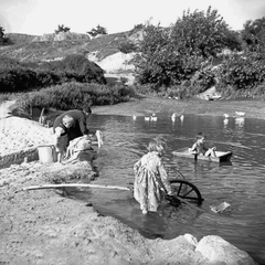 1938, Nyárádi Gábor, életkép, kislány, kisfiú, baromfi, mosás, nő, vízpart, edény, teknő, Fortepan #31414