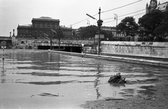 Magyarország, Budapest V., pesti alsó rakpart a Széchenyi Lánchídnál, háttérben a Magyar Tudományos Akadémia., 1965, Pálinkás Zsolt, szobor, árvíz, neoreneszánsz, rakpart, Duna, sínpálya, Magyar Tudományos Akadémia, Budapest, Széchenyi István-ábrázolás, Friedrich August Stüler-terv, Fortepan #31490