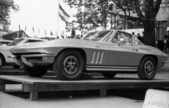 Magyarország, Városliget,Budapesti Nemzetközi Vásár, Budapest XIV., Chevrolet Corvette Coupe típusú személygépkocsi., 1965, Pálinkás Zsolt, amerikai gyártmány, nemzetközi vásár, Chevrolet-márka, automobil, Chevrolet Corvette, Budapest, zászló, Fortepan #31535