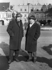 Magyarország, Győr, Bécsi kapu (Köztársaság) tér, Kisfaludy Károly szobra, háttérben az Altabak-ház és jobbra az Ott-ház., 1969, Pálinkás Zsolt, kalap, tél, szobor, kabát, Kisfaludy Károly-ábrázolás, zsebredugott kéz, dupla soros kabát, Fortepan #31565