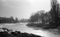 Magyarország, Győr, a Radó-sziget déli csúcsa, háttérben a Petőfi híd., 1969, Pálinkás Zsolt, tél, jég, Fortepan #31567