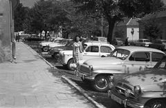 Magyarország,Balaton, Keszthely, Kastély utca., 1965, Pálinkás Zsolt, utcakép, Skoda-márka, parkoló, Ikarus 55, retikül, hölgy, automobil, Skoda Octavia, rendszám, FSO Syrena, Fiat 1100, nyári ruha, kardigán, Fortepan #31571