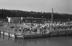 Magyarország, Balatonfüred, kikötő, előtérben Borsos Miklós szobra: Balatoni szél., 1967, Pálinkás Zsolt, neonreklám, kikötő, sokadalom, Fortepan #31624