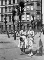 Magyarország, Budapest VIII., Gutenberg tér, háttérben a Kőfaragó utca és a Somogyi Béla (Rökk Szilárd) utca sarkán álló épület., 1958, Bartók István, játszótér, hinta, nők, napszemüveg, Budapest, Fortepan #31639