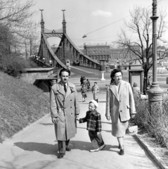 Magyarország, Budapest XI., Kelenhegyi út a Szabadság híd felé nézve., 1959, Bartók István, híd, család, életkép, szemüveg, villamos, svájcisapka, retikül, rendőrkalitka, Budapest, Feketeházy János-terv, Fortepan #31647