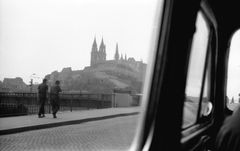 Németország, Meissen, Óvárosi híd (Altstadtbrücke) az Elba folyón, szemben a vár (Albrechtsburg) és a Dóm., 1967, Beyer Norbert, templom, NDK, Fortepan #31655