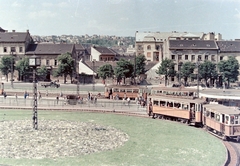 Magyarország, Budapest II., Széll Kálmán (Moszkva) tér., 1957, Fortepan, közlekedés, színes, magyar gyártmány, óra, teherautó, utcakép, villamos, villamosmegálló, Ganz-márka, BKVT V-típus, Budapest, Fortepan #317