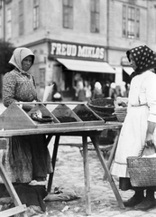 Magyarország, Székesfehérvár, Piac tér (Hal tér, Búza piac)., 1923, Library of Congress, cégtábla, piac, nők, utcakép, életkép, népviselet, Freud Miklós, szatyor, Fortepan #32075