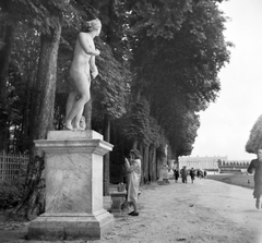 France, Versailles, a kastély parkja a szoborsorral., 1939, Saly Noémi, sculpture, nude figure, Fortepan #32218