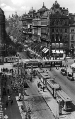 Magyarország, Budapest VIII.,Budapest V.,Budapest VII., Astoria kereszteződés a Kossuth Lajos utca felé nézve., 1934, Pesti Brúnó, forgalom, utcakép, életkép, villamos, látkép, villamosmegálló, automobil, Budapest, Fortepan #32584