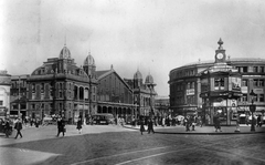 Magyarország, Budapest VI., Nyugati (Berlini) tér., 1931, Pesti Brúnó, cégtábla, óra, utcakép, villamos, pályaudvar, Pesti Hírlap, Stühmer Frigyes csokoládégyár, Budapest, Gustave Eiffel-terv, Fortepan #32589