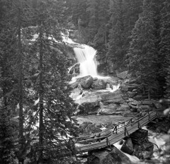 Slovakia, High Tatras, Starý Smokovec, Tar-pataki Nagy-vízesés., 1956, Gyöngyi, Czechoslovakia, woods, bridge, wooden bridge, water fall, Tatra Mountains, Fortepan #32630