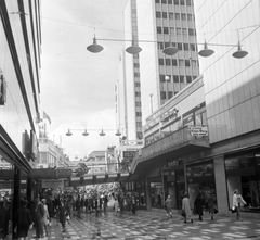 Svédország, Stockholm, Sergelgatan a Sergels torg felől., 1966, Gyöngyi, reklám, lámpa, utcakép, neonreklám, Fortepan #32686