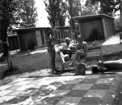 Hungary,Lake Balaton, Fonyód, a felvétel a későbbi Panoráma strandon készült., 1978, Fortepan, beach, street furniture, bathing suit, tableau, air mattress, briefcase, sport bag, bench, Szentendre type bench, slanted, Fortepan #32739