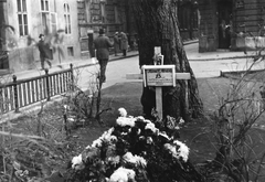 Hungary, Budapest V., Károlyi kert, szemben a Magyar utca - Henszlmann Imre utca sarok. Az 1956-os forradalom alatt elhunyt 15 éves kislány, ideiglenes sírja., 1956, Pesti Srác2, revolution, grave, Budapest, Fortepan #32788