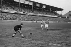 Magyarország, Budapest IX., Üllői út, FTC stadion, Ferencváros-Újpest (0:5) mérkőzés. Henni védi Suhai (UTE) lövését, egyszínű mezben Szabó I. (FTC), 1949, Kovács Márton Ernő, Budapest, híres ember, sportoló, közönség, labdarúgás, stadion, Fortepan #33048