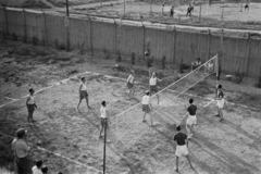 Magyarország, Budapest VIII., Sport utca, az Előre pálya állóhelyi lelátójáról a Ciprus utca felé nézve., 1949, Kovács Márton Ernő, sport, röplabda, Budapest, férfiak, Fortepan #33195