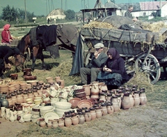 1938, Fortepan, falu, színes, ló, piac, szekér, lovaskocsi, fogat, népviselet, vásár, edény, korsó, kettős portré, köcsög, fazekas, csupor, Fortepan #3351