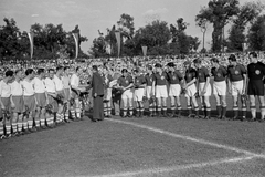 Magyarország, Debrecen, Nagyerdei Stadion, Magyarország - Lengyelország (8:2) válogatott labdarúgó-mérkőzés. A magyar csapat sötét mezben: Balogh II Sándor, Sebes Gusztáv szövetségi kapitány, Puskás Ferenc, Egresi Béla, Lakat Károly, Czibor Zoltán, Bozsik József, Lantos Mihály, Keszthelyi Mihály, Börzsei János, Deák Ferenc, Henni Géza. A játékosok fekete karszalagot viselnek, az FC Torino, az olasz bajnokcsapat május 4-i repülőgép szerencséttelenségben elhunyt játékosai és vezetői emlékére., 1949, Kovács Márton Ernő, sport, futballcsapat, tiszteletadás, Fortepan #33536