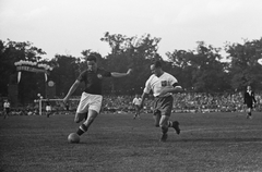 Magyarország, Debrecen, Nagyerdei Stadion, Magyarország - Lengyelország (8:2) válogatott labdarúgó-mérkőzés, Deák kapura lő., 1949, Kovács Márton Ernő, sport, labdarúgás, híres ember, Fortepan #33541