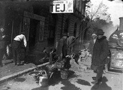 Hungary, Budapest VI., Bajza utca 43. (Szondi utcai sarokház), háttérben az Epreskert., 1936, Fortepan, street repair, manual labor, paving, poverty, sign-board, milk industry, can, bucket, Budapest, Fortepan #33674