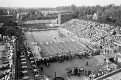 Magyarország, Margitsziget, Budapest, Hajós Alfréd Nemzeti Sportuszoda., 1949, Kovács Márton Ernő, szurkoló, nézőtér, úszóverseny, Hajós Alfréd-terv, Fortepan #33760