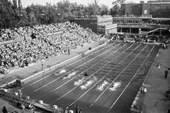 Magyarország, Margitsziget, Budapest, Hajós Alfréd Nemzeti Sportuszoda., 1949, Kovács Márton Ernő, szurkoló, tribün, úszóverseny, Hajós Alfréd-terv, Fortepan #33761