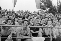 Magyarország, Margitsziget, Budapest, Hajós Alfréd Nemzeti Sportuszoda, az FTC 50 éves jubileuma alkalmából rendezett verseny., 1949, Kovács Márton Ernő, közönség, szurkoló, tribün, Fortepan #33770