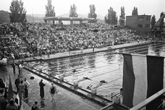 Magyarország, Margitsziget, Budapest, Hajós Alfréd Nemzeti Sportuszoda, az FTC 50 éves jubileuma alkalmából rendezett verseny., 1949, Kovács Márton Ernő, életkép, közönség, tribün, úszóverseny, Hajós Alfréd-terv, Fortepan #33772