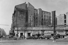 Magyarország, Budapest VII., Baross tér, balra a Rákóczi út., 1957, UVATERV, cégtábla, ló, lovaskocsi, teherautó, fogat, Framo-márka, Budapest, Fortepan #3552