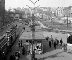 Hungary, Budapest II., Széll Kálmán (Moszkva) tér., 1970, UVATERV, ad, trading, light, street view, genre painting, tram, newspaper, newsstand, tram stop, Budapest, Fortepan #3581