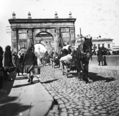 Észtország, Tartu, kőhíd az Emajögi folyó felett, háttérben a városháza tornyos épülete., 1934, Ongrádi Melinda, híd, ló, szekér, boltív, középület, klasszicizmus, kőhíd, Johann Zaklowsky-terv, Johann Heinrich Bartholomäus Walter-terv, Fortepan #39362