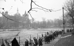 Hungary, Budapest XIV., háttérben Vajdahunyad vára. 1956. december 4-i Nőtüntetés., 1956, Nagy Gyula, castle, revolution, Ignác Alpár-design, eclectic architecture, Budapest, Fortepan #39747