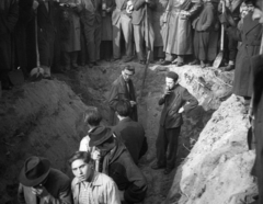 Magyarország, Budapest VIII., II. János Pál (Köztársaság) tér, a pártházhoz kötődő feltételezett kazamaták keresése., 1956, Nagy Gyula, tömeg, forradalom, férfiak, fényképezőgép, kíváncsiság, munka, csoportosulás, Budapest, Fortepan #39934