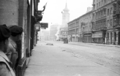 Magyarország, Budapest V.,Budapest IX., Vámház (Tolbuhin) körút a Kálvin tér felé nézve., 1956, Nagy Gyula, templom, zászló, cégtábla, forradalom, töltőtoll, órás, Budapest, Fortepan #40090