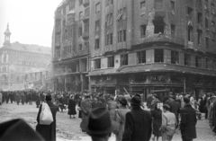 Magyarország, Budapest VII., Rákóczi út, jobbra az Alsó erdősor torkolata., 1956, Nagy Gyula, háborús kár, forradalom, Budapest, épületkár, Fortepan #40112