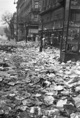 Magyarország, Budapest VI., Teréz (Lenin) körút az Oktogon felől a Dohnányi Ernő (Szófia) utca felé nézve., 1956, Nagy Gyula, plakát, forradalom, hirdetőoszlop, telefonfülke, könyvégetés, Budapest, Fortepan #40224