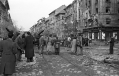 Hungary, Budapest VIII., József körút az Üllői útról nézve, jobbra a Corvin (Kisfaludy) köz., 1956, Nagy Gyula, war damage, Soviet brand, revolution, weapon, gun, combat vehicle, ISU-152 assault gun, Mosin-Nagant-brand, Budapest, Fortepan #40259