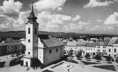 Szlovákia, Rimaszombat, Fő tér (Horthy Miklós tér)., 1942, Máté Zsuzsanna, templom, tér, barokk-stílus, középület, Ferenc Miks-terv, Fortepan #40621