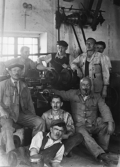 Hungary, Balatonfűzfő, Fűzfői Papírgyár, gépműhely., 1930, Simon Tibor, factory, tableau, men, moustache, pipe, worker, work, machine, Fortepan #40649