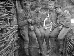 1916, Kafka Éva, First World War, eastern front, trench, dog, uniform, tableau, men, soldier, posture, walking cane, gesture, arms around shoulders, Fortepan #40748