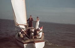 Hungary,Lake Balaton, 30-as túrajolle., 1939, Ember Károly dr., sailboat, colorful, flag, tableau, sailing, Fortepan #40834