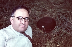 1943, Ember Károly dr., colorful, glasses, hat, hay, man, Fortepan #40893