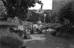 1943, Rados Tamás OSB, kid, striped dress, tricycle, wicker chair, deck chair, Fortepan #40966