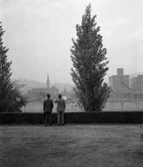 Magyarország, Margitsziget, Budapest, a budai parton a Kolosy tér, az Újlaki templom, jobbra a Lujza gőzmalom., 1938, Rados Tamás OSB, gőzmalom, Fortepan #40987