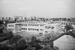 Magyarország, Budapest XIII., Jász utca, Általános Iskola (később Magyar Hajózási Szakközépiskola) a Reitter Ferenc utca felől, a távolban a Béke utcai lakótelep., 1964, Angyalföldi Helytörténeti Gyűjtemény, iskola, lakótelep, látkép, Budapest, Fortepan #41099