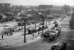 Magyarország, Budapest XIII., Dózsa György út a Váci út felől nézve., 1964, Angyalföldi Helytörténeti Gyűjtemény, közlekedés, forgalom, magyar gyártmány, építkezés, teherautó, utcakép, Ikarus-márka, pótkocsi, Csepel-márka, MÁVAG-márka, látkép, trolibusz, MÁVAG B5, Dutra-márka, Dutra DR-50, Budapest, Fortepan #41101