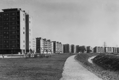 Magyarország, Budapest XIII., Fiastyúk (Thälmann) utcai lakótelep, Tahi utca, játszótér a Rákos-patak partjánál., 1964, Angyalföldi Helytörténeti Gyűjtemény, park, lakótelep, patak, Budapest, Fortepan #41114